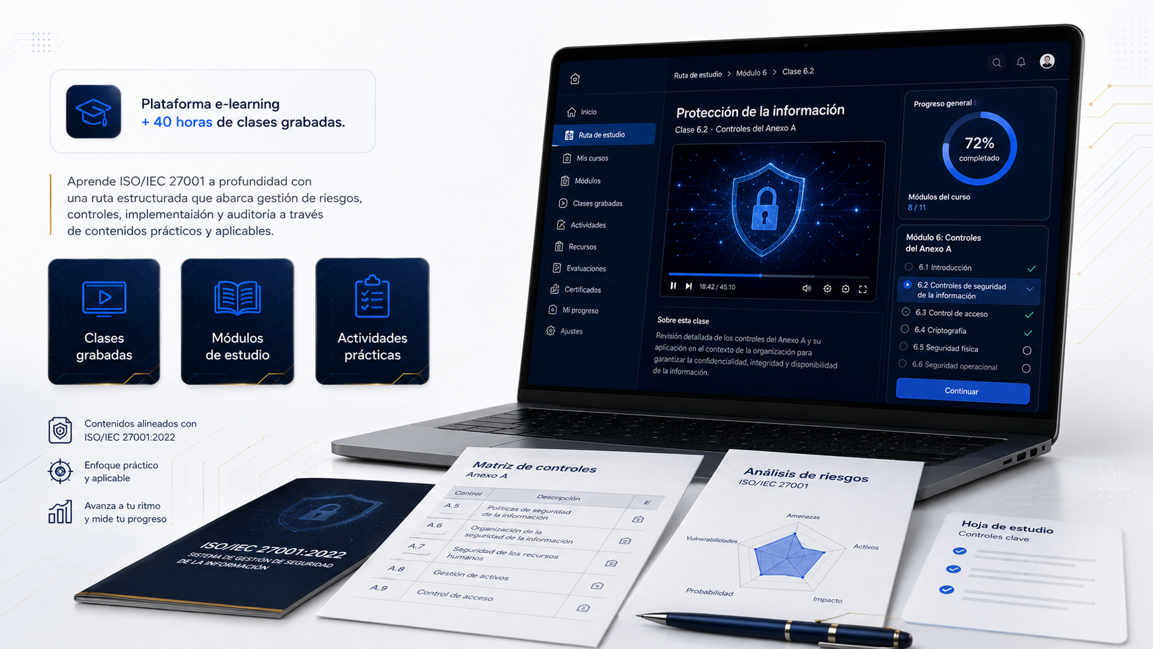 Plataforma E-Learning ISO 27001 con clases grabadas, módulos, actividades y seguimiento de progreso
